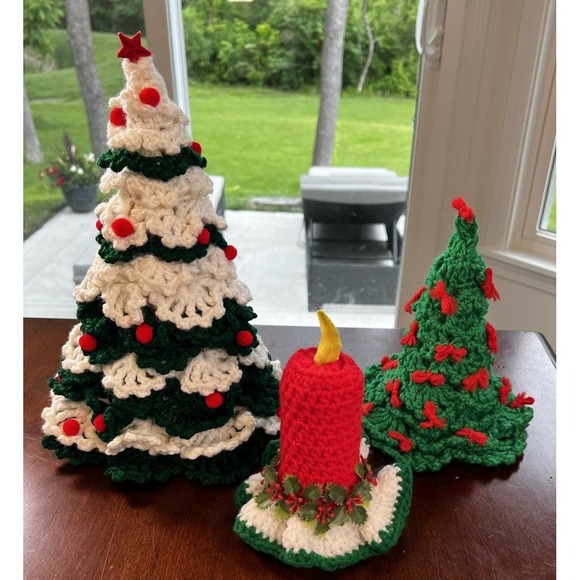 Handmade Other - Vintage Crocheted Christmas Trees Green, White, Red Bows And Red Candle Handmade